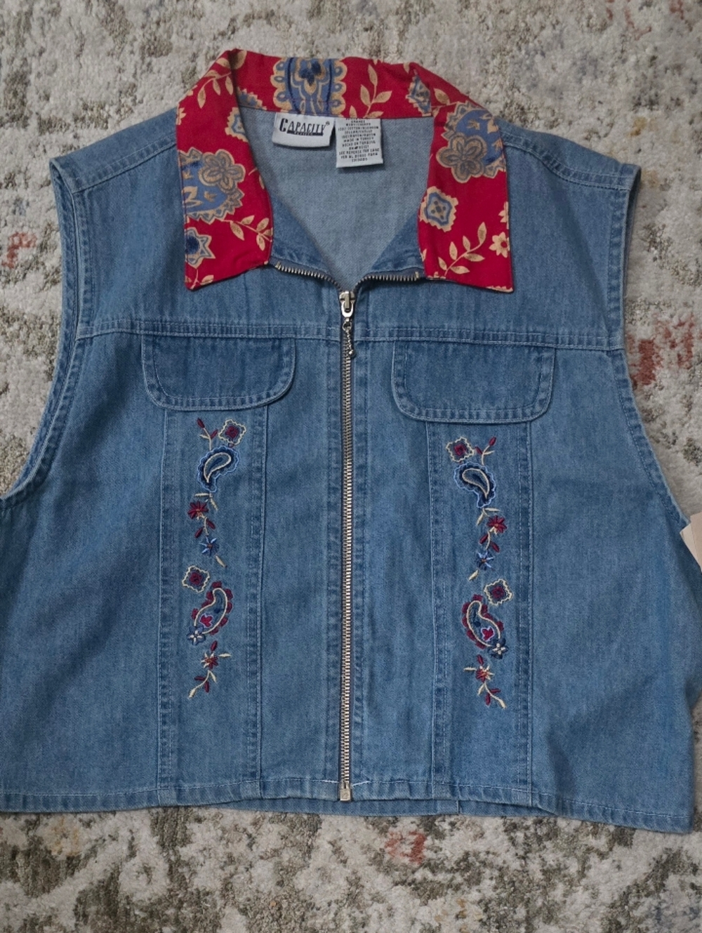 Vintage 90s Capacity Denim Vest with Red Floral Collar Petite Large-NWT